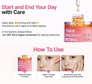 Purito Seoul SEOUL TXA 6 Niacinamide 10 Retinal Serum 30ml bottle showing the product label and clear glass container.