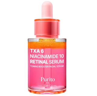 Purito Seoul Txa 6 Niacinamide 10 Retinal Serum 30ml, a clear bottle with serum dropper and label, on a white background.
