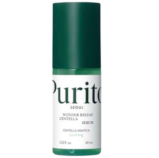 Purito Seoul Wonder Releaf Centella Serum in a 60mL bottle, featuring a clear glass container and a white pump dispenser.