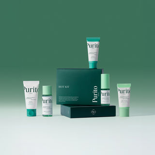 Purito Seoul Best Skincare Kit with various cleanser and moisturizer bottles arranged neatly on a white background.