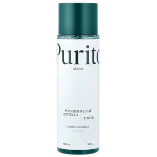 Purito Seoul Wonder Releaf Centella Toner in a 200ml bottle, featuring a clear liquid and minimalist packaging design.