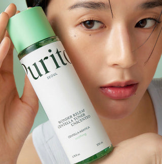 Purito Seoul Wonder Releaf Centella Unscented Toner in a 200mL bottle, featuring a clear liquid and minimalist packaging.