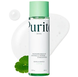 Purito Seoul Wonder Releaf Centella Toner Unscented in a 200mL bottle, featuring a clear liquid with a minimalist label and cap.