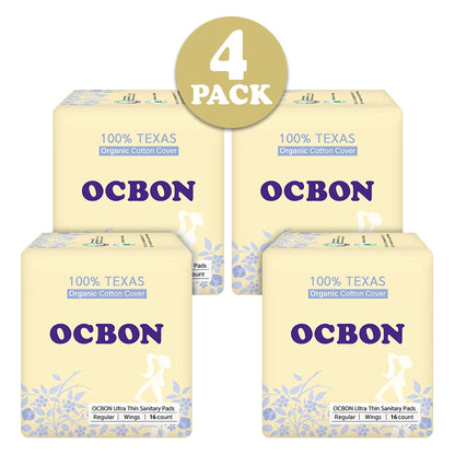 OCBON Ultra Thin Sanitary Pads 4-Pack (Regular 25cm, 64 Counts)