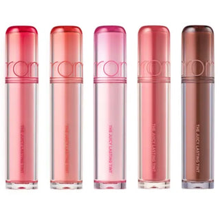 rom&nd The Juicy Lasting Lip Tint in a vibrant shade, featuring a sleek tube and applicator for easy, long-lasting color application