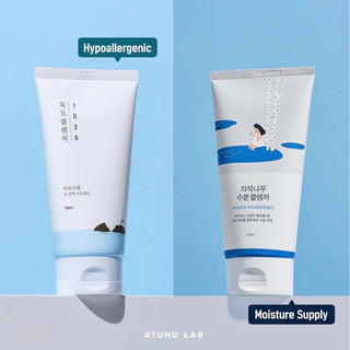 Round Lab 1025 Dokdo Cleansing Foam in a white bottle with a pump, designed for gentle facial cleansing and hydration.