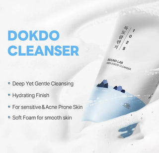 Round Lab 1025 Dokdo Cleanser cleansing foam in a white tube with blue accents, showing the product's packaging and branding.