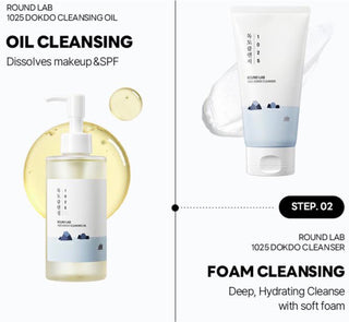 Round Lab 1025 Dokdo Cleansing Foam in a white bottle with a pump dispenser, designed for gentle facial cleansing.