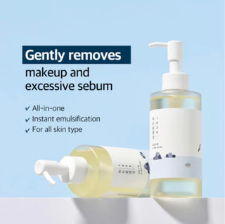 ROUND LAB 1025 Dokdo Cleansing Oil in a clear bottle with pump, designed for gentle facial cleansing, 200ml size.