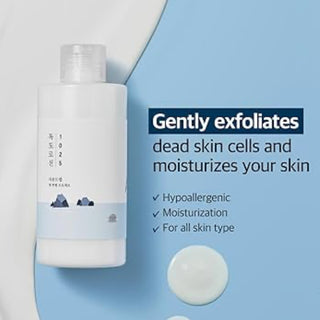 Round Lab 1025 Dokdo Lotion emulsion in a white bottle, showcasing its lightweight texture and clean, minimalist design.
