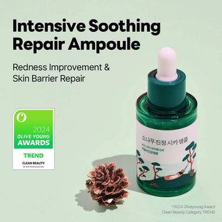 Image of ROUND LAB Pine Calming Cica Ampoule 30mL in a clear bottle, showcasing the calming skincare product.