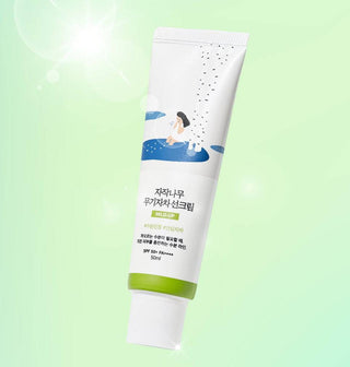 ROUND LAB Birch Moisturizing Mild-Up Sunscreen SPF 50+ PA++++ in a 50ml tube, showing the sunscreen product and packaging.