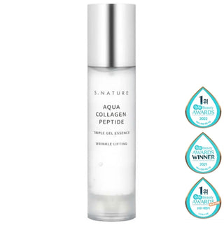 S.NATURE Aqua Collagen Peptide Triple Gel Essence 50ml, clear gel in a white bottle with a blue cap, close-up of product label.