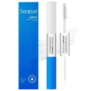 SEAPURI Lashrum Eyelash Enhancing Serum 10g bottle with applicator brush for natural eyelash growth and strengthening.
