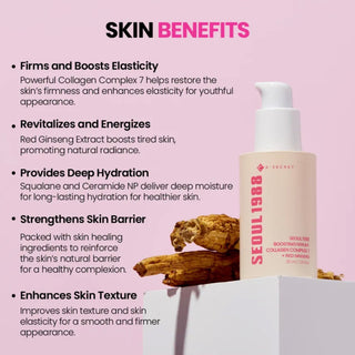 Seoul 1988 KSECRET boosting serum with collagen complex 7 and red ginseng, in a sleek skincare bottle.