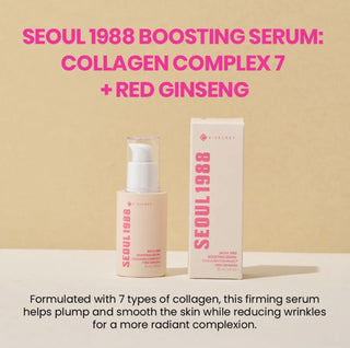 KSECRET Seoul 1988 Boosting Serum with collagen complex and red ginseng, hydrating and revitalizing skincare for radiant skin.