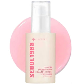 KSECRET Seoul 1988 Boosting Serum with Collagen Complex 7 and Red Ginseng, applied in a sleek glass bottle with a dropper.