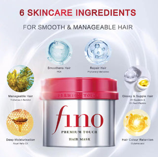 Shiseido Fino Premium Touch Hair Serum Mask in 230mL, nourishing hair care treatment with a sleek jar and applied serum texture.