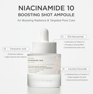 Skin1004 Madagascar Centella Niacinamide 10% Boosting Shot Ampoule 30ml, clear glass bottle with dropper and product label.