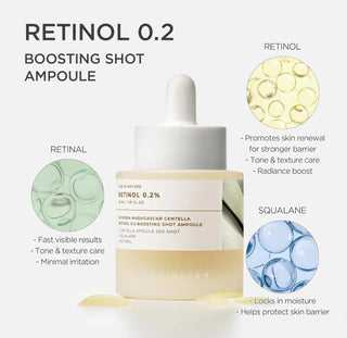 Skin1004 Madagascar Centella Retinol 0.2% Boosting Shot Ampoule 30ML, clear glass bottle with dropper for skincare.