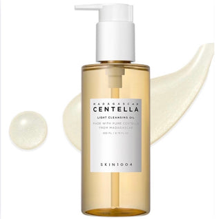 Skin1004 Madagascar Centella Light Cleansing Oil in a clear bottle, designed for gentle facial cleansing with Centella extract.