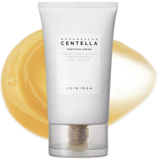 Container of SKIN1004 Madagascar Centella Soothing Cream moisturizer with green and white packaging, highlighting natural skincare ingredients.