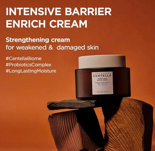 Skin1004 Madagascar Centella Probio-Cica Enrich Cream moisturizer in a jar, designed for intensive barrier repair for sensitive skin.