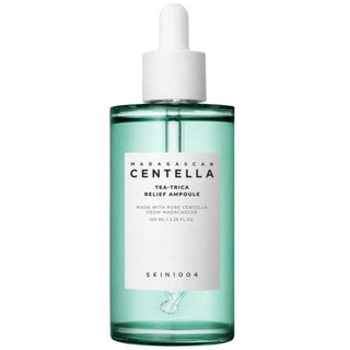Skin1004 Madagascar Centella Tea-Trica Relief Ampoule serum in a 30ml bottle, showcasing clear glass container with product label.