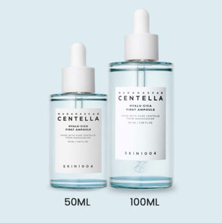 Skin1004 Madagascar Hyalu-cica First Ampoule serum in a 50ml bottle, featuring hydrating and soothing ingredients for sensitive skin.