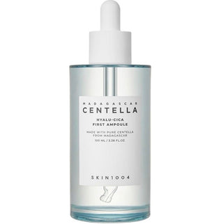 Skin1004 Madagascar Hyalu-cica First Ampoule serum in a 50ml bottle, featuring clear liquid with a pump dispenser.