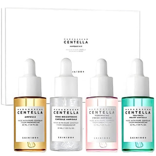 Skin1004 Madagascar Centella Ampoule Kit, skincare set with ampoules, creams, and serums for soothing and nourishing skin care.