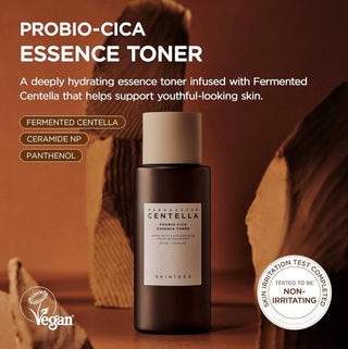 Skin1004 Madagascar Centella Probio-Cica Essence Toner and Emulsion in a bottle, suitable for soothing and hydrating skin.