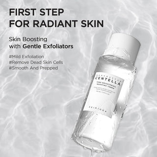 Skin1004 Madagascar Centella brightening toner and emulsion with natural ingredients, shown in a clear bottle with a minimalist label.