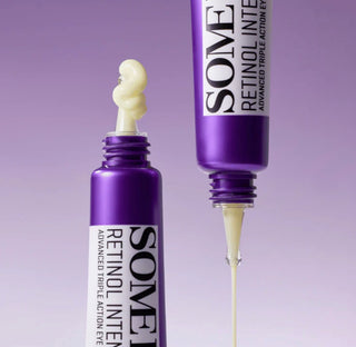 Some By Mi Retinol Intense Advanced Triple Action Eye Cream in a jar, showcasing its creamy texture and sleek packaging.