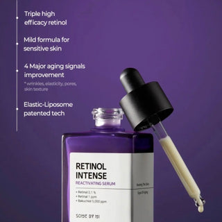 Some By Mi Retinol Intense Reactivating Serum bottle, clear and sleek packaging with dropper applicator for skincare.