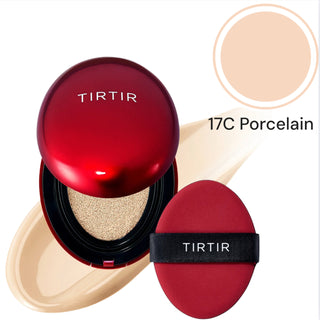 TIRTIR Mask Fit Red Cushion Foundation makeup compact with a red case, open to show the sponge applicator and foundation inside.