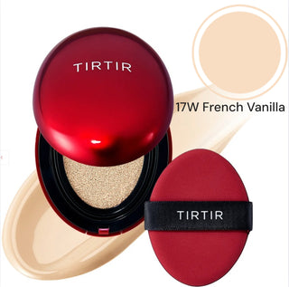 TIRTIR Mask Fit Red Cushion Foundation makeup compact with a red case and sponge applicator, designed for a smooth, flawless finish.