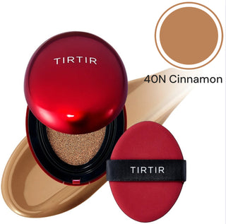 TIRTIR Mask Fit Red Cushion Foundation makeup compact with a sleek red case and a sponge applicator inside.