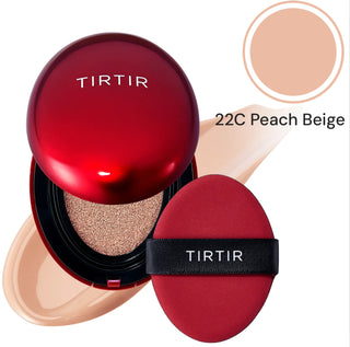 TIRTIR Mask Fit Red Cushion Foundation makeup compact with a red cushion and applicator sponge on a reflective surface.