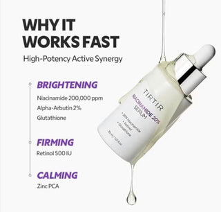 TIRTIR Niacinamide 20% Serum in 30mL bottle, clear serum with a smooth texture, designed for brightening and skin clarity.