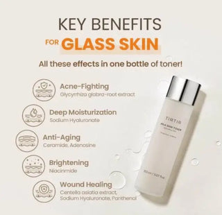 TIRTIR Milk Skin Toner 150mL bottle with white cap and label, moisturizing facial toner for smooth, refreshed skin.