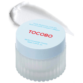 Tocobo Multi Ceramide Facial Cream 50mL jar showing smooth, light-textured cream for hydrating and nourishing skin.