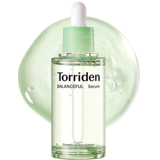 Torriden Balanceful Cica Serum 50mL bottle with dropper, featuring clear glass packaging and white label for soothing skincare.