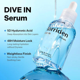 Torriden Dive In Hyaluronic Acid Serum 50ml bottle, clear serum inside a sleek container, designed for hydration and skin moisture.