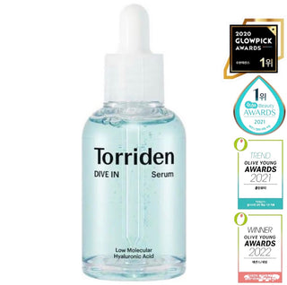 Torriden Dive In Hyaluronic Acid Serum 50ml bottle with pump dispenser, clear label and blue cap, on a white background.