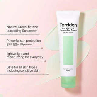Torriden Balanceful Cica Tone-up Sun Cream SPF50+ PA++++ in 60mL, with light texture and soothing formula for brightening and sun protection.