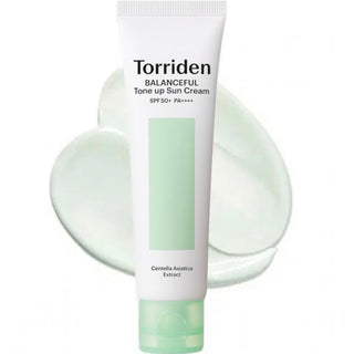 Torriden Balanceful Cica Tone-up Sun Cream SPF50+ PA++++ in a 60mL tube, showing the product packaging and branding.