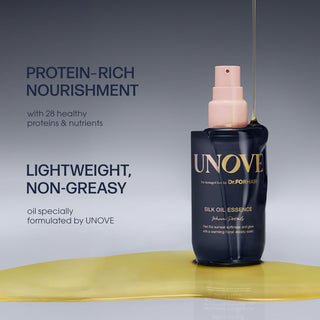 Unove Silk Oil Essence 70ml hair essence bottle with warm petal scent, smooth and nourishing for hair care.