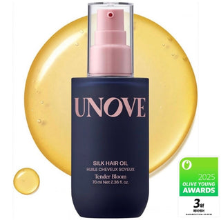 Unove Silk Oil Essence 70ml for hair, featuring warm petal scent, smooths and nourishes hair with lightweight oil.