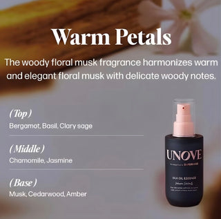 Unove Silk Oil Essence 70ml for hair, showcasing a sleek bottle with warm petal design and glossy finish.